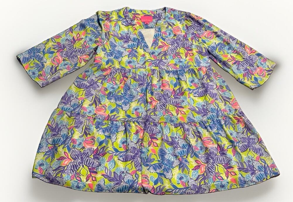 Lilly Pulitzer XL Dew Drop STAY FLY MARTINE DRESS Lileeze Swing 3/4 Sleeves EUC
